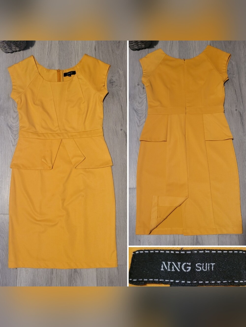 MNG Suit Mustard Yellow Scoop Neck Cap Sleeve Peplum Pencil Wiggle Dress, Medium